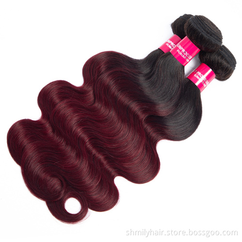 Shmily Wholesale Virgin Brazilian Ombre Two Tone Colored 1b 99j Body Wave Hair Bundles 100% Remy Human Hair Extensions Weaves
